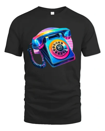 Retro 80s Phone Tee with Vibrant Neon Rotary Style Artwork - black t-shirt on white background