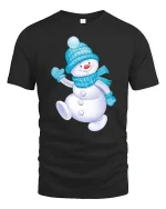 Cute Snowman Winter Tee with Cozy Blue Hat and Scarf Artwork - black t-shirt on white background