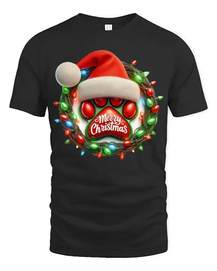 Christmas Paw Print Tee with Santa Hat and Festive Light Wreath - black t-shirt on white background