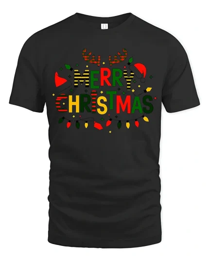 Merry Christmas Lights Tee with Reindeer Antlers Festive Design - black t-shirt on white background
