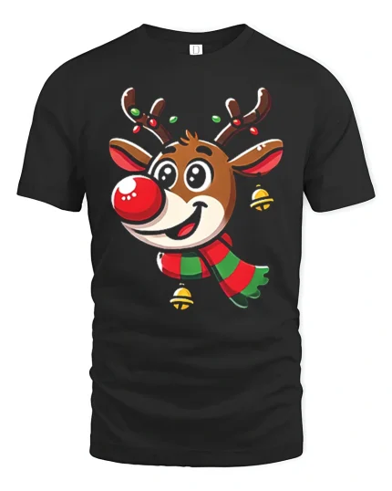 Cute Reindeer Christmas Tee with Festive Scarf and Jingle Bells - black t-shirt on white background