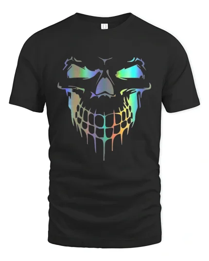Holographic Dripping Skull Neon Glow Savage Graphic Art Tee - black t-shirt on white background