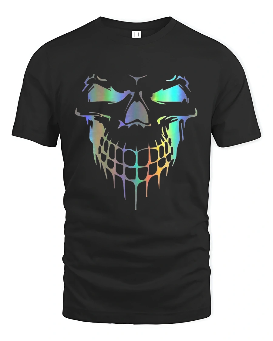 Holographic Dripping Skull Neon Glow Savage Graphic Art Tee - 1 Holographic Dripping Skull Neon Glow Savage Graphic Art Tee - black t-shirt on white background