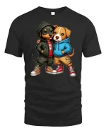 Hip Hop Puppy Duo Hoodie Street Style Cute Friends Graphic Tee - black t-shirt on white background