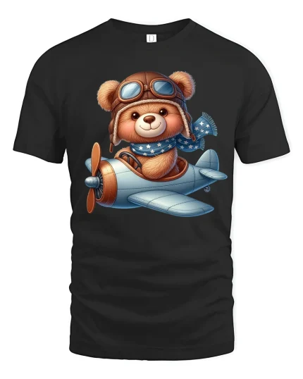 Cute Aviator Teddy Bear Airplane Pilot Adventure Graphic Tee - black t-shirt on white background