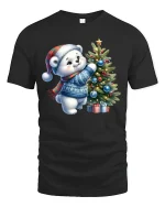 Cute Polar Bear Christmas Tree Decorating Holiday Tee - black t-shirt on white background