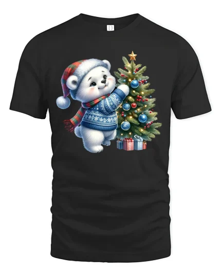 Cute Polar Bear Christmas Tree Decorating Holiday Tee - black t-shirt on white background