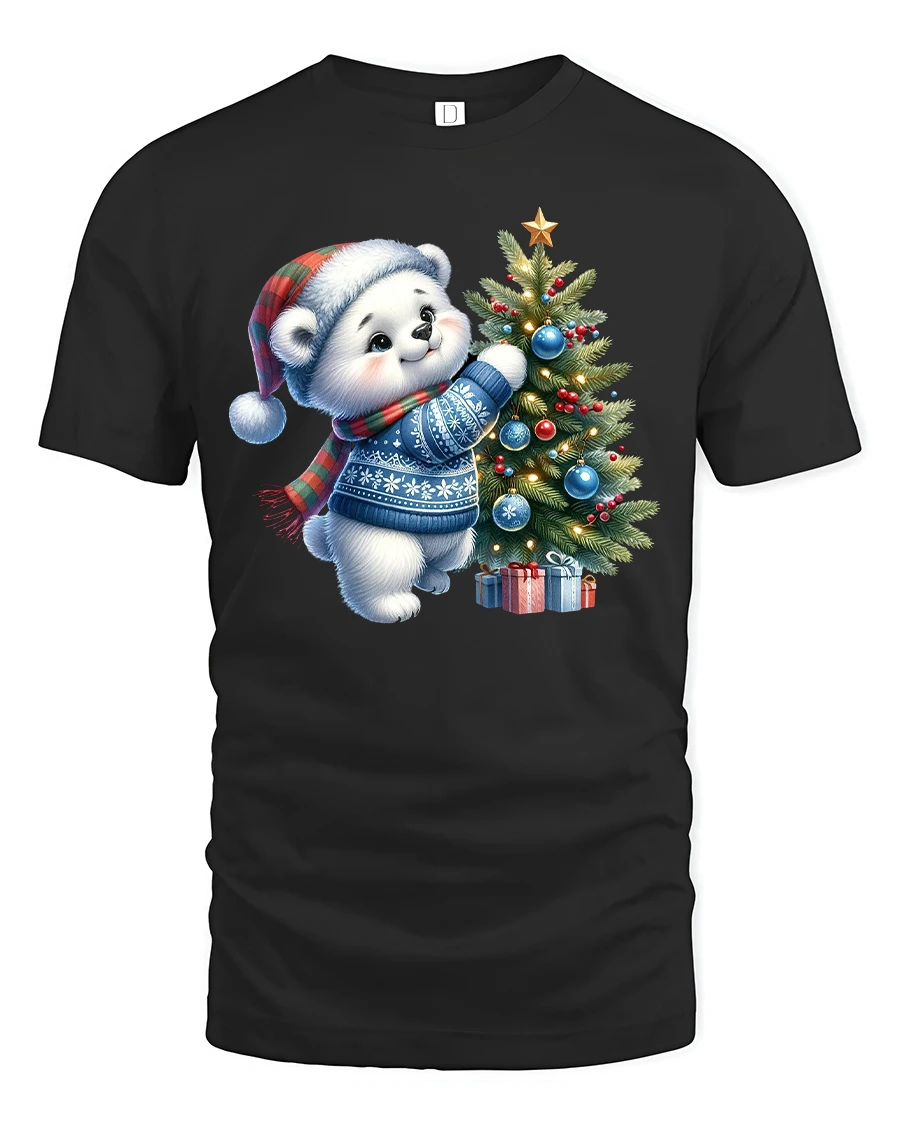Cute Polar Bear Christmas Tree Decorating Holiday Tee - 1 Cute Polar Bear Christmas Tree Decorating Holiday Tee - black t-shirt on white background