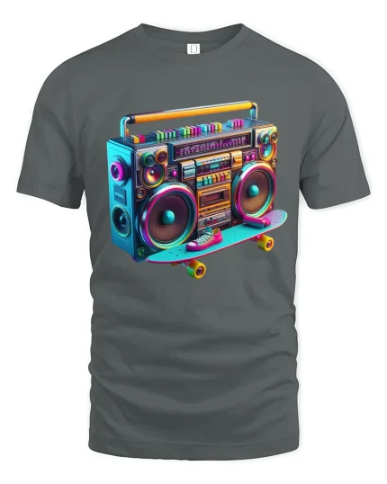 Retro Boombox Skateboard Neon Style Music Vibes Graphic Tee - gray t-shirt on white background