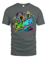 Neon Gamer Gear Graphic Tee with Headset and Mouse Art - gray t-shirt on white background