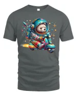 Space Explorer Bear Riding Scooter Tee with Cute Cosmic Art - gray t-shirt on white background
