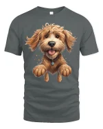 Happy Jumping Dog Tee with Cute Fluffy Puppy Cartoon Art - gray t-shirt on white background