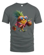 Tropical Pineapple Vacation Tee with Fun Cool Fruit Cartoon Art - gray t-shirt on white background