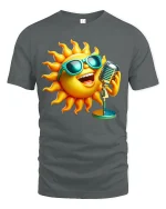 Singing Sun Tee with Cool Sunglasses and Fun Summer Cartoon Art - gray t-shirt on white background