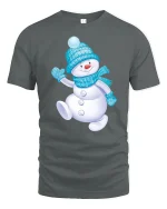 Cute Snowman Winter Tee with Cozy Blue Hat and Scarf Artwork - gray t-shirt on white background