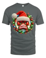 Christmas Paw Print Tee with Santa Hat and Festive Light Wreath - gray t-shirt on white background