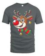 Cute Reindeer Christmas Tee with Festive Scarf and Jingle Bells - gray t-shirt on white background
