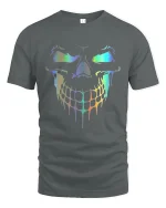Holographic Dripping Skull Neon Glow Savage Graphic Art Tee - gray t-shirt on white background