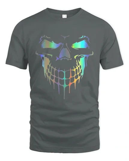 Holographic Dripping Skull Neon Glow Savage Graphic Art Tee - gray t-shirt on white background