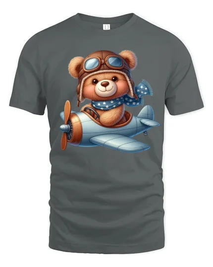 Cute Aviator Teddy Bear Airplane Pilot Adventure Graphic Tee - gray t-shirt on white background
