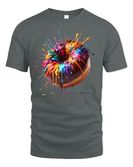 Color Splash Donut Art Tee with Vibrant Dripping Paint Design - gray t-shirt on white background