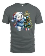 Cute Polar Bear Christmas Tree Decorating Holiday Tee - gray t-shirt on white background