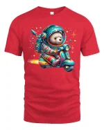 Space Explorer Bear Riding Scooter Tee with Cute Cosmic Art - red t-shirt on white background