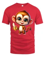 Cute Banana Monkey Tee with Big Eyes Adorable Cartoon Art - red t-shirt on white background