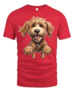 Happy Jumping Dog Tee with Cute Fluffy Puppy Cartoon Art - red t-shirt on white background