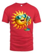 Singing Sun Tee with Cool Sunglasses and Fun Summer Cartoon Art - red t-shirt on white background