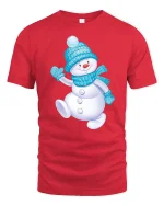Cute Snowman Winter Tee with Cozy Blue Hat and Scarf Artwork - red t-shirt on white background