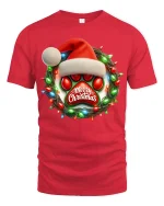 Christmas Paw Print Tee with Santa Hat and Festive Light Wreath - red t-shirt on white background
