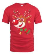 Cute Reindeer Christmas Tee with Festive Scarf and Jingle Bells - red t-shirt on white background