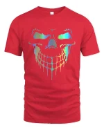 Holographic Dripping Skull Neon Glow Savage Graphic Art Tee - red t-shirt on white background