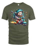 Space Explorer Bear Riding Scooter Tee with Cute Cosmic Art - military green t-shirt on white background