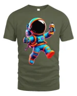 Color Splash Astronaut Tee with Vibrant Space Art Graphic - military green t-shirt on white background