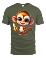 Cute Banana Monkey Tee with Big Eyes Adorable Cartoon Art - military green t-shirt on white background
