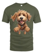 Happy Jumping Dog Tee with Cute Fluffy Puppy Cartoon Art - military green t-shirt on white background