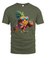 Tropical Pineapple Vacation Tee with Fun Cool Fruit Cartoon Art - military green t-shirt on white background