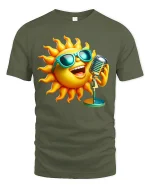 Singing Sun Tee with Cool Sunglasses and Fun Summer Cartoon Art - military green t-shirt on white background