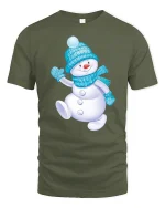 Cute Snowman Winter Tee with Cozy Blue Hat and Scarf Artwork - military green t-shirt on white background