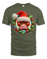 Christmas Paw Print Tee with Santa Hat and Festive Light Wreath - military green t-shirt on white background