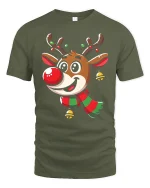 Cute Reindeer Christmas Tee with Festive Scarf and Jingle Bells - military green t-shirt on white background