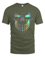 Holographic Dripping Skull Neon Glow Savage Graphic Art Tee - military green t-shirt on white background