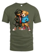 Hip Hop Puppy Duo Hoodie Street Style Cute Friends Graphic Tee - military green t-shirt on white background