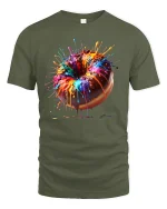 Color Splash Donut Art Tee with Vibrant Dripping Paint Design - military green t-shirt on white background