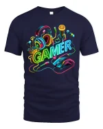 Neon Gamer Gear Graphic Tee with Headset and Mouse Art - navy t-shirt on white background