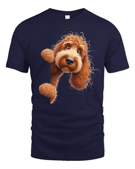 Cute Doodle Dog Peekaboo Graphic Tee with Fluffy Pup Art - navy t-shirt on white background