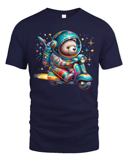 Space Explorer Bear Riding Scooter Tee with Cute Cosmic Art - navy t-shirt on white background