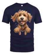 Happy Jumping Dog Tee with Cute Fluffy Puppy Cartoon Art - navy t-shirt on white background